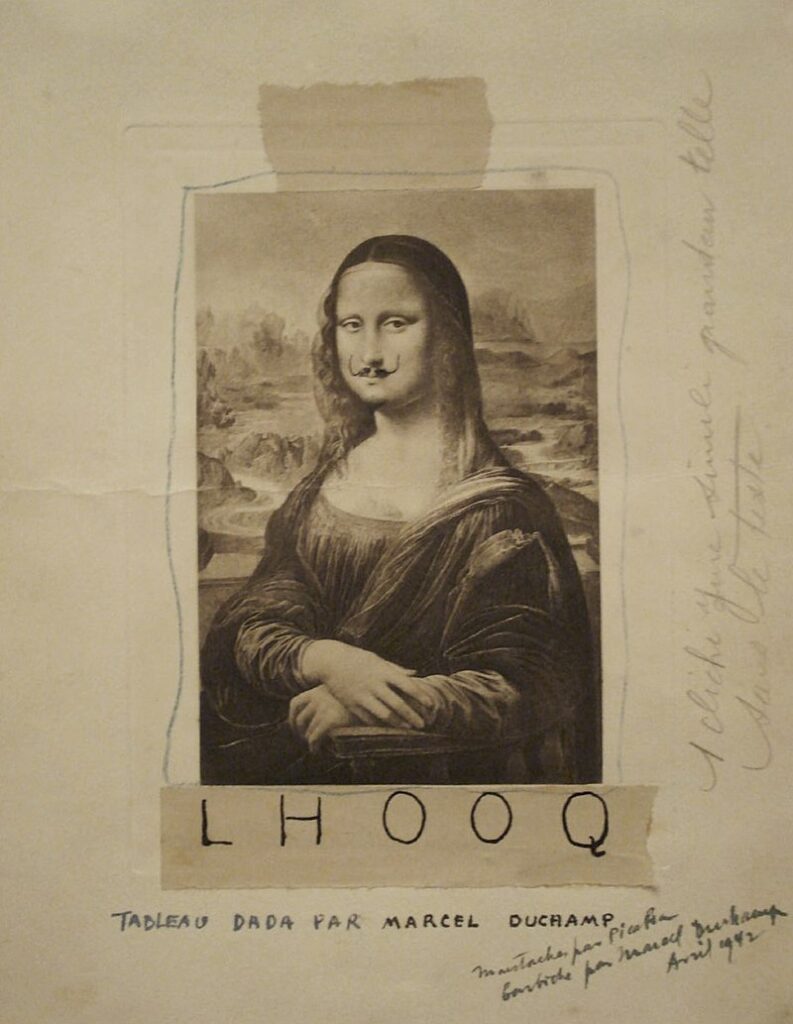 medieval memes: Marcel Duchamp, 1919, L.H.O.O.Q. Wikimedia Commons (public domain).
