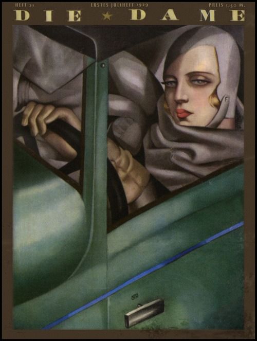 tamara in a green bugatti: Front cover of German fashion magazine Die Dame, July 1, 1929 issue with Lempicka’s self-portrait from 1929. Pinterest.
