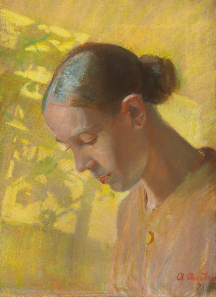 golden hour art Anna Ancher, Study of the seamstress' head, 1890,