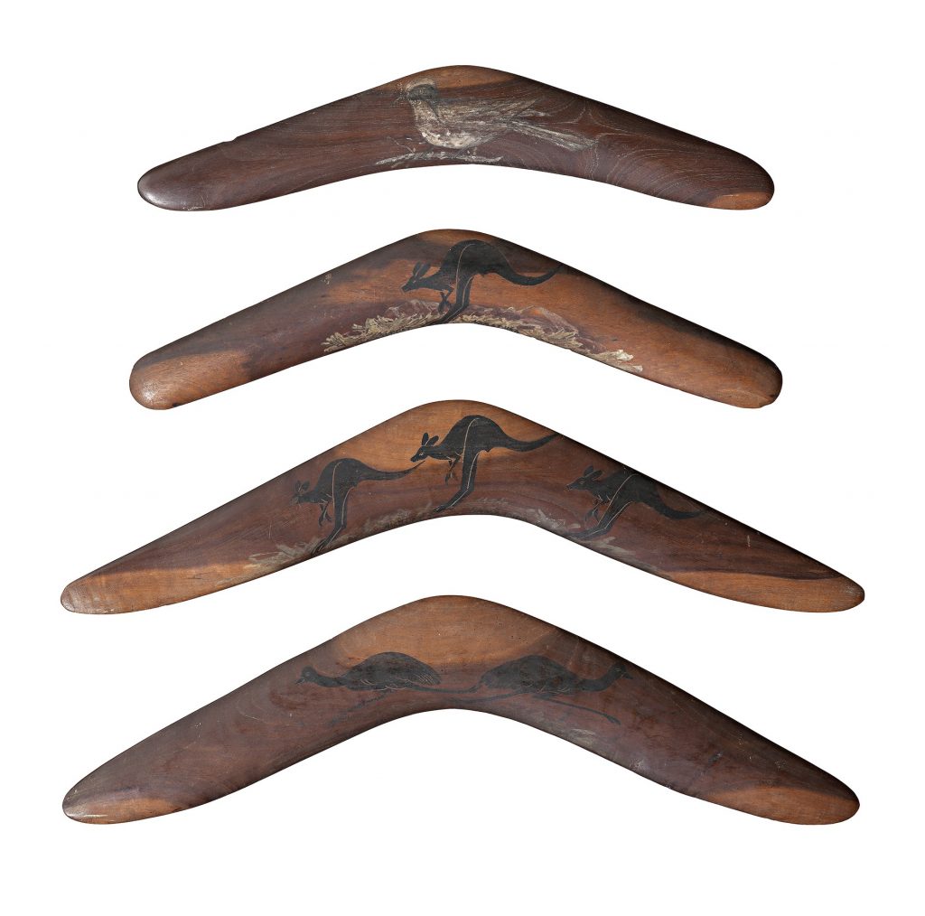 Albert Namatjira: Albert Namatjira, Four decorated boomerangs, c.1945. Deutscher and Hackett.
