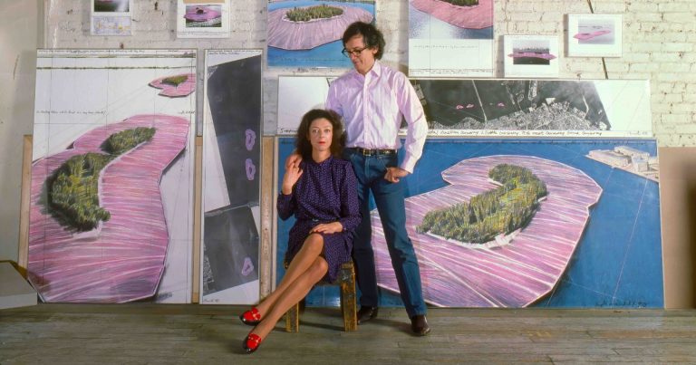 christo and jeanne-claude: Wolfgang Volz, Christo and Jeanne-Claude posing in their atelier. Artful Living.
