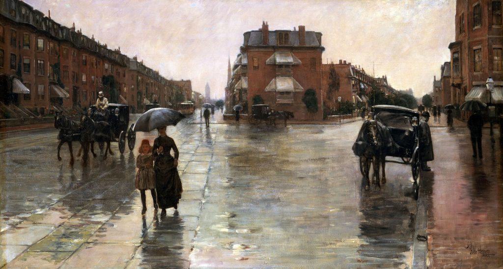 rain art: Rain in Art: Childe Hassam, Rainy Day, Boston, ca. 1885, The Toledo Museum of Art, Toledo, OH, USA. Wikimedia Commons (public domain).
