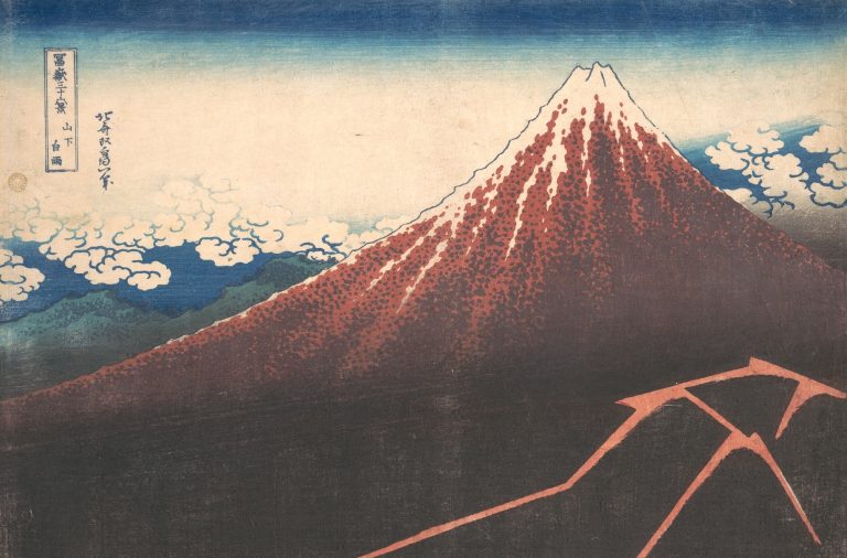 Hokusai mount fuji: Katsushika Hokusai, Thunderstorm Beneath the Summit (Sanka hakuu), also known as Black Fuji, from Thirty-six Views of Mount Fuji, 1830-1832, The Metropolitan Museum of Art, New York, NY, USA.
