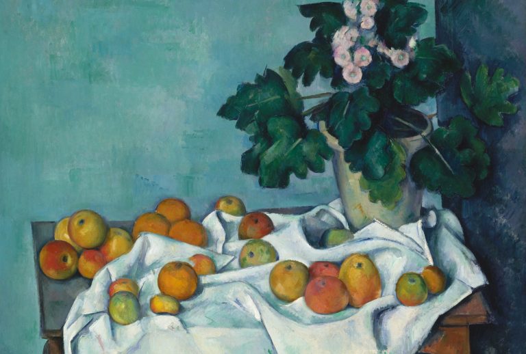 Cézanne fruits: Paul Cézanne, Still Life with Apples and a Pot of Primroses, c. 1895, The Metropolitan Museum of Art, New York, NY, USA. Detail.

