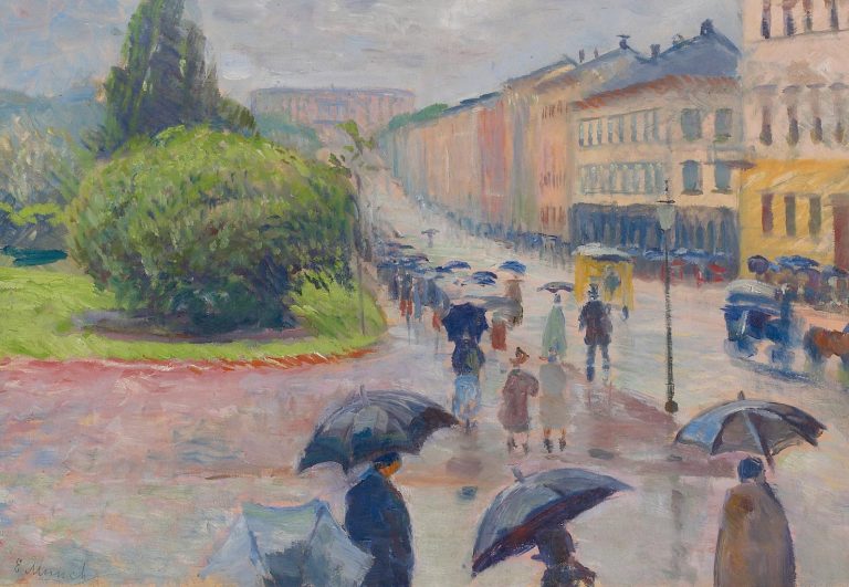 rain art: Edvard Munch, Karl Johan in the Rain, ca. 1891, Munchmuseet, Oslo, Norway. Wikimedia Commons (public domain).

