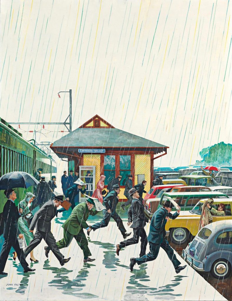 Rain in Art: John Philip Falter, Commuters in the Rain, ca. 1961.