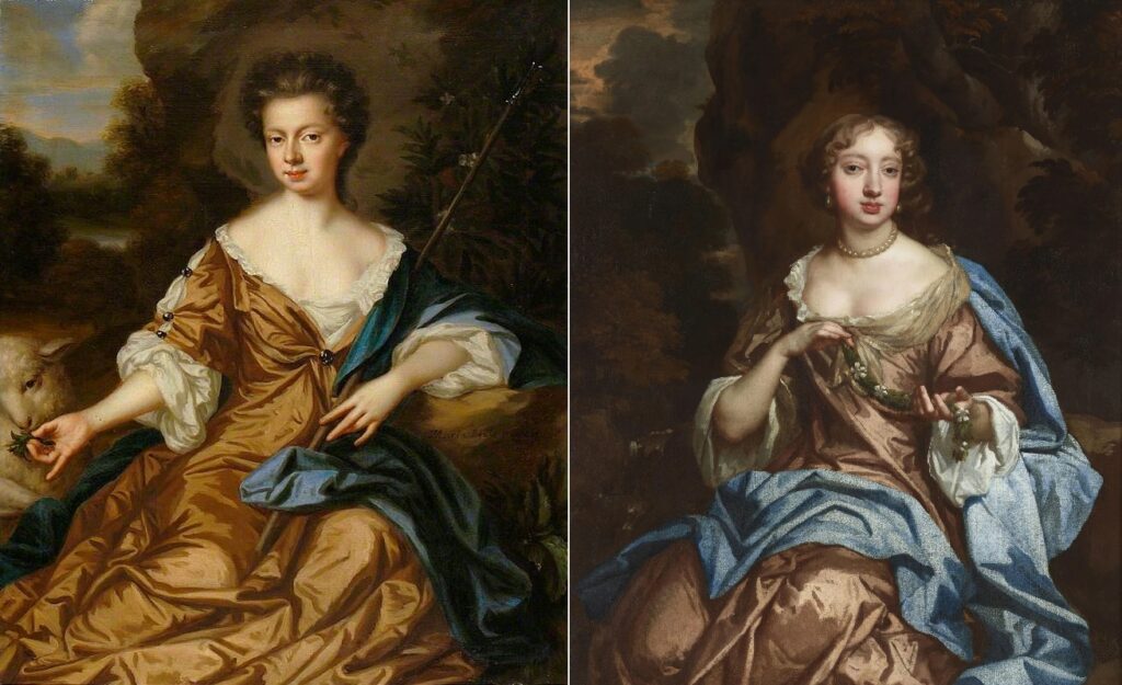 Mary Beale: Left: Mary Beale, Jane Fox, Lady Leigh as a Shepherdess, c. 1675, West Suffolk Heritage Service, Suffolk, UK; Right: Peter Lely, Portrait of a Noblewoman in a light brown satin dress and blue wrap, seated in a landscape, 1670, private collection. Philip Mould & Company.
