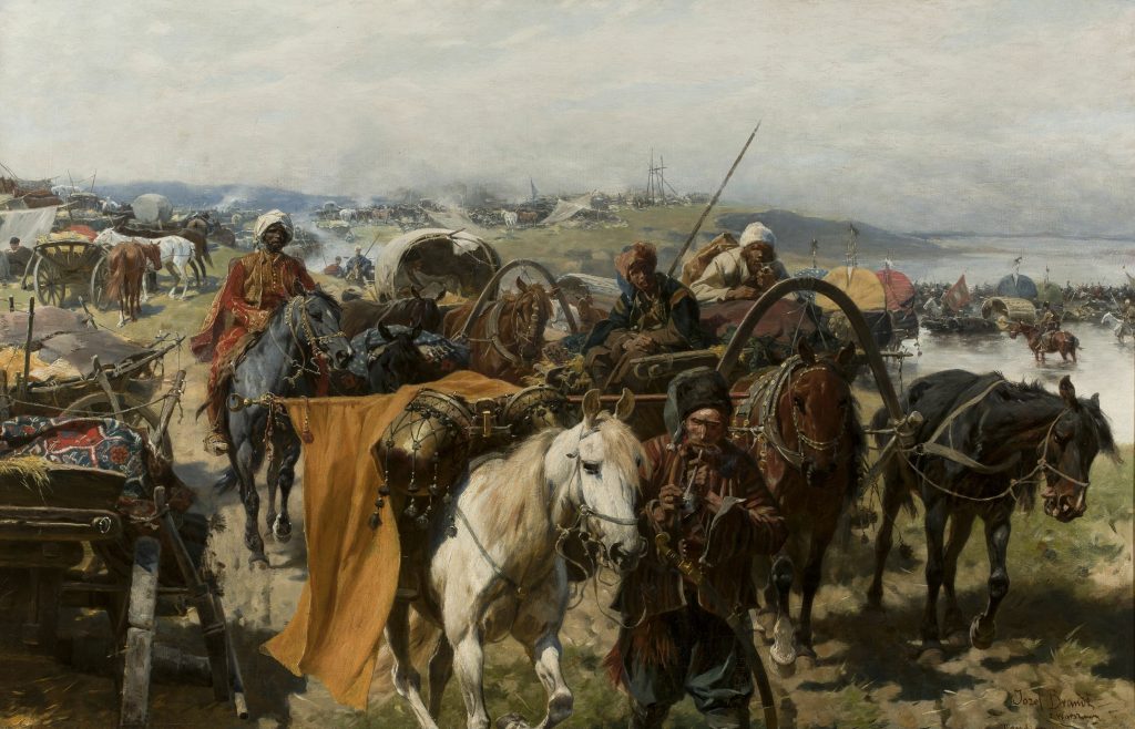 Reply of the Zaporozhian Cossacks: Józef Brandt, Zaporozhian Camp, ok. 1895–1900, National Museum in Warsaw.
The Cossacks, who lived far from the Eastern European art centers, were rarely depicted in painting. But historical and genre scenes with them became quite popular in 19th-century Polish art.
