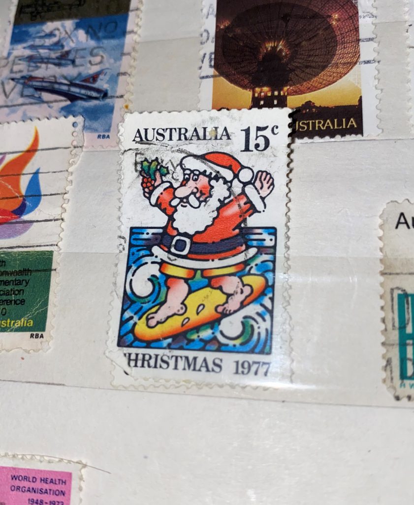 australian art: Roger Roberts, Christmas Surfing Santa, Australia Post, 1977. Photo by the author.
