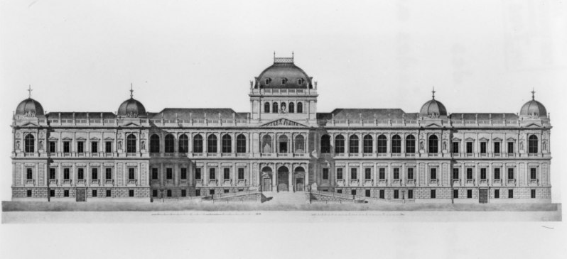 Façade of the main building, photograph after an engraving from the picture portfolio "Die kk Universität in Wien by Heinrich von Ferstel, "1892