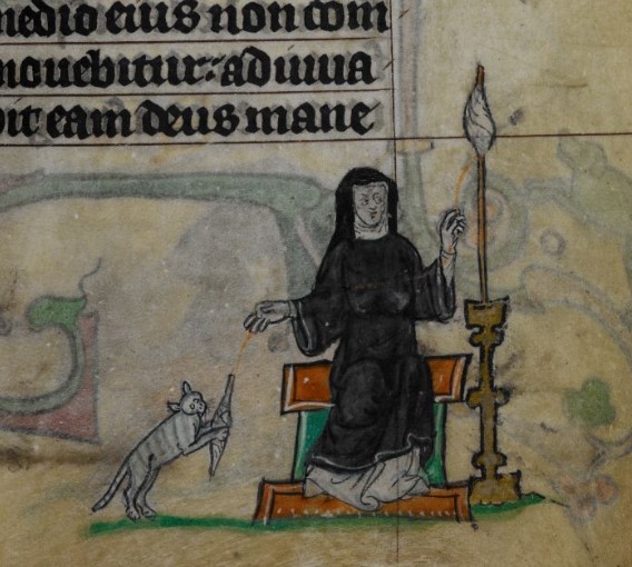 14th-century illuminated manuscript showing a nun at a spinning wheel and a cat playing with the spindle.
