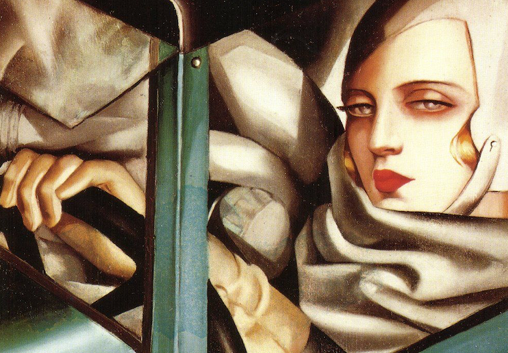 tamara in a green bugatti: Tamara de Lempicka, Autoportrait (Tamara in a Green Bugatti), 1929, private collection. Reddit. Detail.
