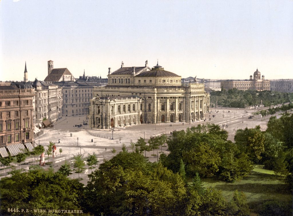 ringstrasse vienna: View of the Ringstrasse and Burgtheater between 1890 and 1900, Vienna, Austria. Wikimedia Commons (public domain).
