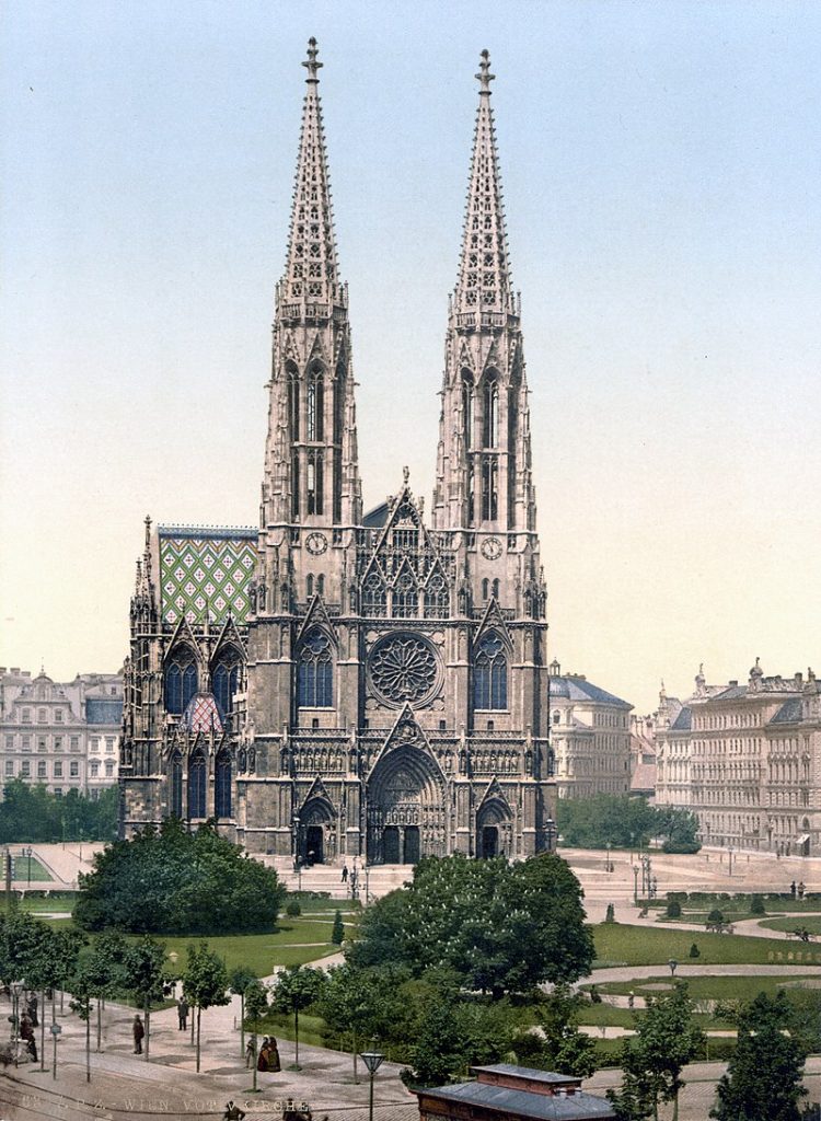 ringstrasse vienna: View of the Votivkirche around 1900, Vienna, Austria. Wikimedia Commons (public domain).
