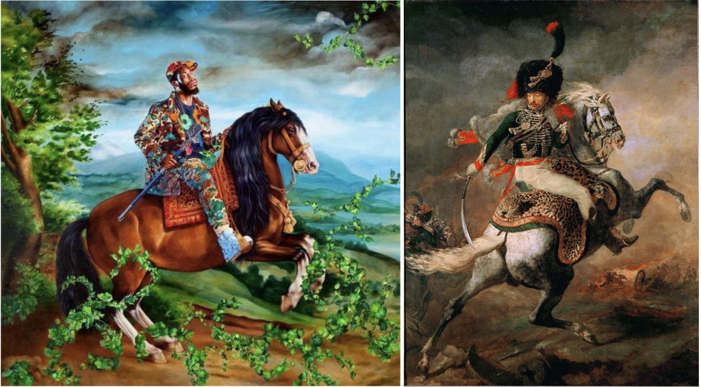 American painters: Left: Kehinde Wiley, Equestrian Portrait of Philip IV, 2017, Philbrook Museum of Art, Tulsa, OK, USA; Right: Théodore Géricault, The Charging Chasseur, 1812, Louvre, Paris, France.
