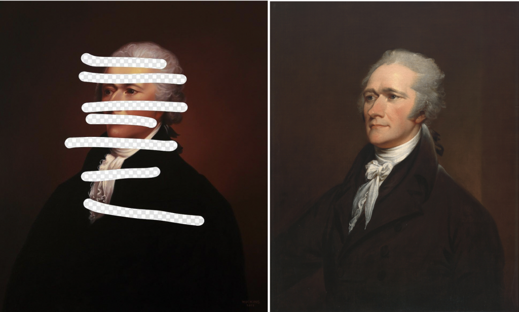 American painters: Left: Shawn Huckins, Redact (Alexander Hamilton Erasure No. 30), Foster/White Gallery, Seattle, WA, USA; Right: John Trumbull, Alexander Hamilton, 1806, National Portrait Gallery, Smithsonian Institution, Washington, DC, USA.
