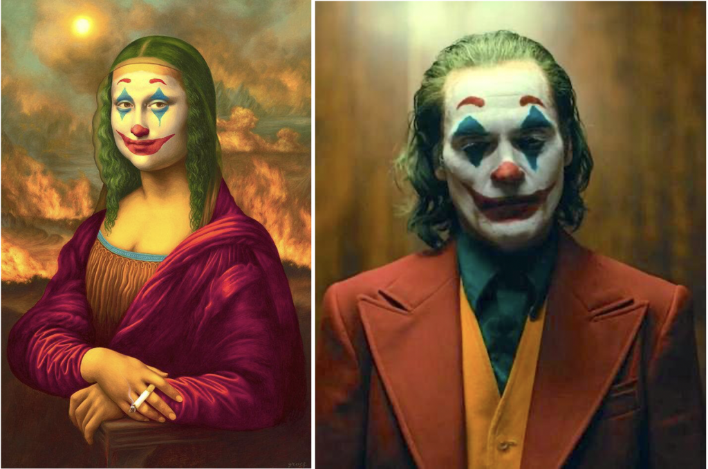 American painters: Left: Alex Gross, Mona Lisa Joker, 2020, Shout Arthub & Gallery, Hong Kong, China; Right: Movie still from Joker, directed by Todd Phillips, 2019, Warner Bros. IMDB.
