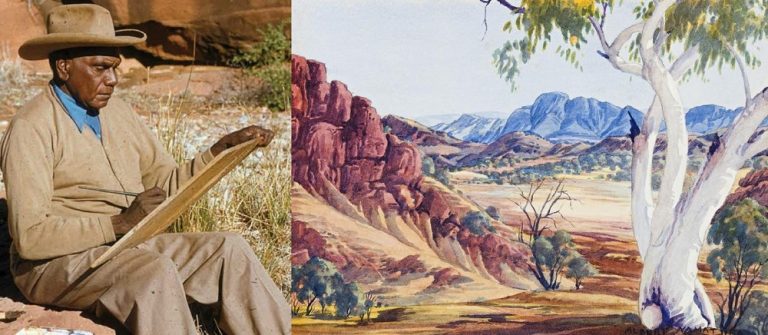 Albert Namathira. Left: Albert namatjira painting. Right: Albert Namatjira, Central Australian landscape, c. 1953, Private collection.