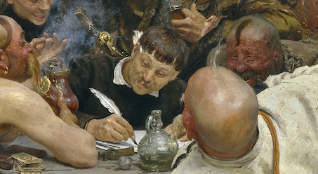 Reply of the Zaporozhian Cossacks: Ilya Repin, Reply of the Zaporozhian Cossacks, 1880–1891, State Russian Museum, Saint Petersburg, Russia. Detail.
Here, Yavornytsky is pictured as the secretary.
