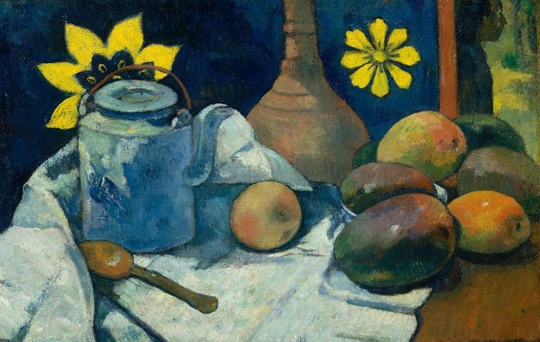 Gauguin still lifes: Paul Gauguin, Still Life with Teapot and Fruit, 1896, The Metropolitan Museum, New York, NY, USA. Detail.

