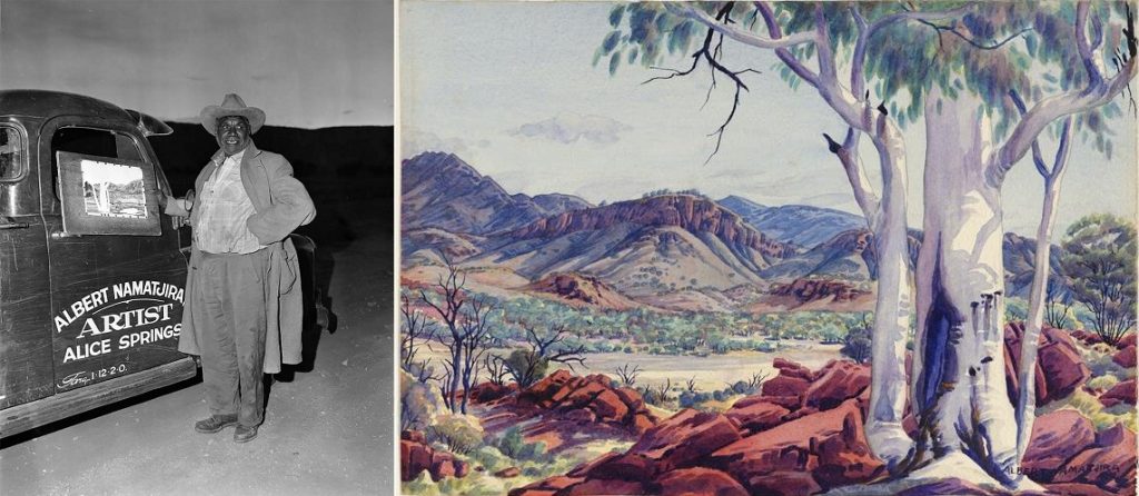 Albert Namatjira: Left: Portrait of Aboriginal Artist Albert Namatjira, 1957, National Archives of Australia; Right: Albert Namatjira, Alice Springs Country, 1954. Wikiart.

