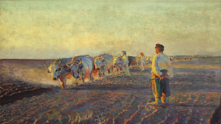 golden hour art Leon Wycźołkowski, Plowing in Ukraine,