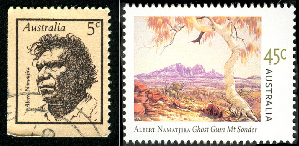 Albert Namatjira: Left: Postage stamp featuring Albert Namatjira’s painting, c. 1968. 123RF; Right: Postage stamp featuring Albert Namatjira’s painting, 2002. Universal Postal Union.

