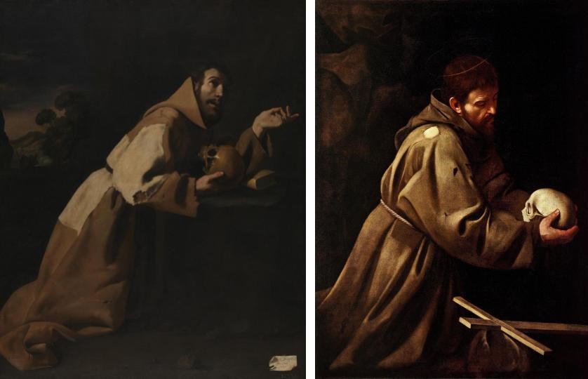 Left: Francisco de Zurbarán, Saint Francis in Meditation, 1639, National Gallery, London, UK. Right: Michelangelo Merisi da Caravaggio, Saint Francis in Prayer, c. 1606, Galleria Nazionale d'Arte Antica, Rome, Italy.