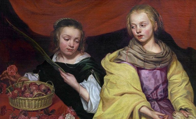 Michaelina Wautier: Michaelina Wautier, Two Girls as Saints Agnes and Dorothy, Royal Museum of Fine Arts, Antwerp, Belgium. Detail.
