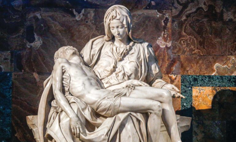 Michelangelo Pietà: Michelangelo Buonarroti, Pietà, 1499, St. Peter’s Basilica, Vatican City. Catholic Standard. Detail.
