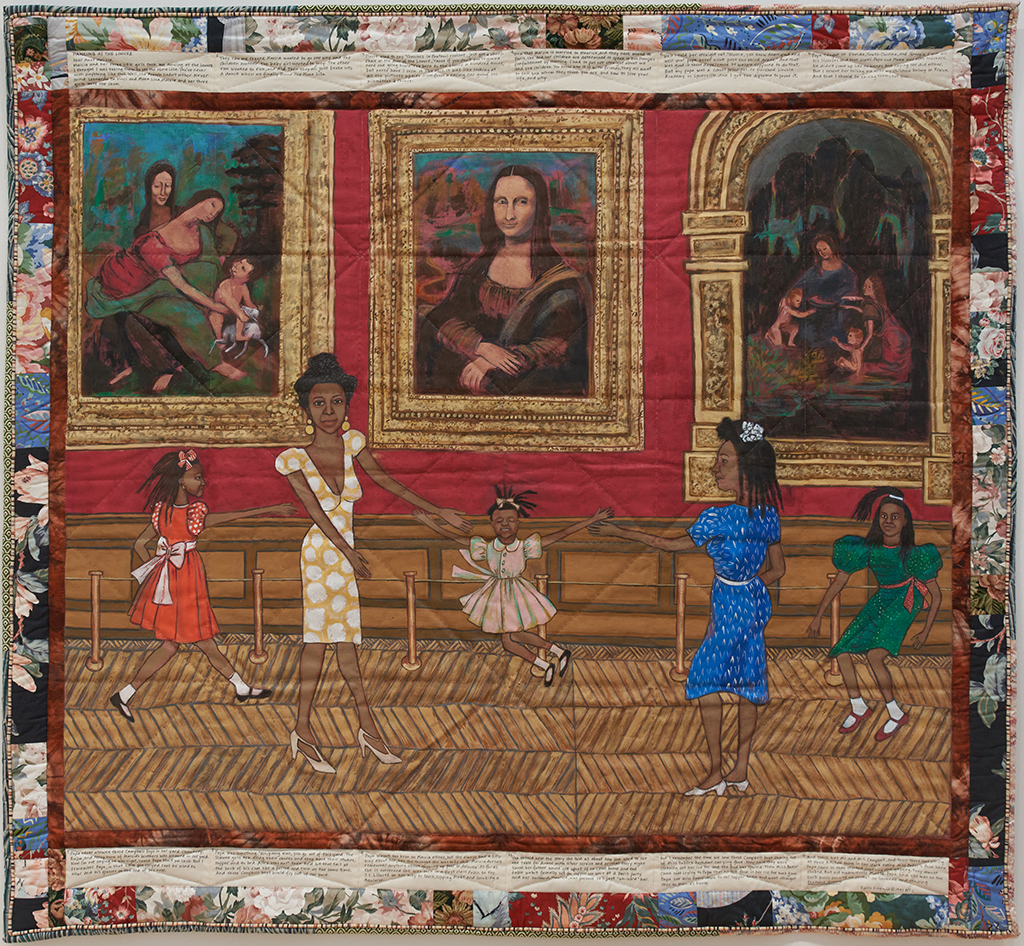 Faith Ringgold: Faith Ringgold, Dancing at the Louvre: The French Collection Part I, #1, 1991, quilted fabric and acrylic paint, the Gund Gallery at Kenyon College, Gambier, OH, USA. Gift of David Horvitz ’74 and Francie Bishop Good, 2017.5.6. © Faith Ringgold / ARS, NY and DACS, London, courtesy ACA Galleries, New York 2022.
