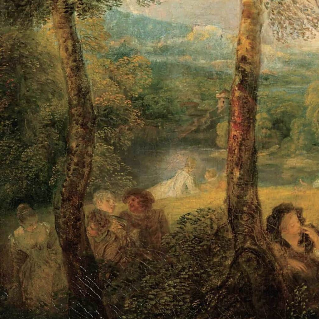 Jean Antoine Watteau, Feast of Love, ca 1718-19, oil on canvas, Gemäldegalerie Alte Meister, Dresden, Germany. Detail.