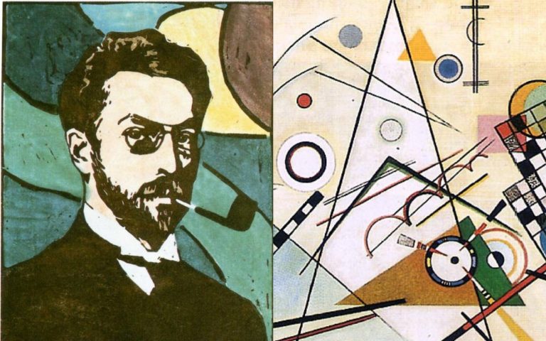 wassily Kandinsky abstract paintings: Collage of Gabriele Münter, Portrait of Wassily Kandinsky, 1906, Museum in Murnau, Murnau, Germany; and Wassily Kandinsky, Composition VIII, 1923, Solomon R. Guggenheim Museum, New York, NY, USA. Arthive.
