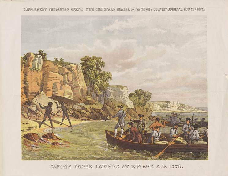 Aboriginal cultural heritage: Captain James Cook landing at Botany Bay, 1770, 1872, National Library of Australia, Parkes, Australia.
