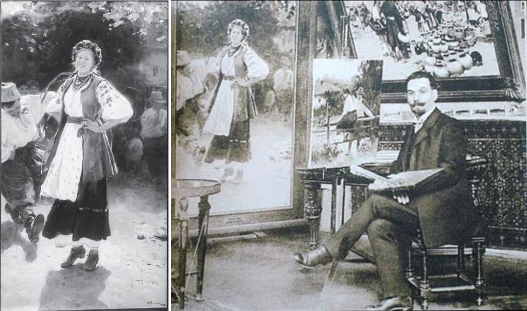 Mykola Pymonenko. Left: Mykola Pymonenko, Hopak, 1909. Photo by Francois Antoine Vizzavona. Right: M. Pymonenko in his studio next to the picture Hopak, c. 1909.