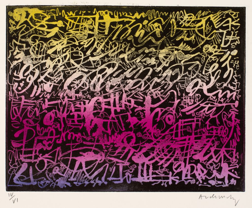 Keith Haring: Pierre Alechinsky, La Nuit (The Night) from Hayterophilies, 1952–53, Etching and aquatint, © 2022 Pierre Alechinsky / Artists Rights Society (ARS), New York / ADAGP, Paris; photograph by Angelika Rinnhofer.
