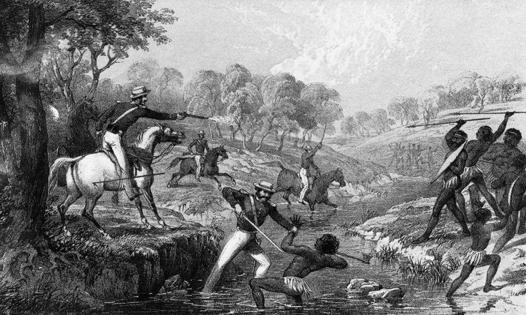 Aboriginal cultural heritage: W.L. Walton after Louisa and Godfrey Charles Mundy, Mounted police and blacks, 1852, Australian War Memorial, Campbell, Australia.
