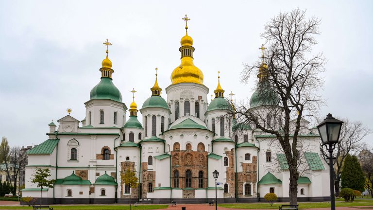 saint sophia cathedral kyiv: Saint Sophia Cathedral, 11th century with later renovations, Kyiv, Ukraine. Photo by Jorge Franganillo via Flickr (CC BY 2.0). Detail.
