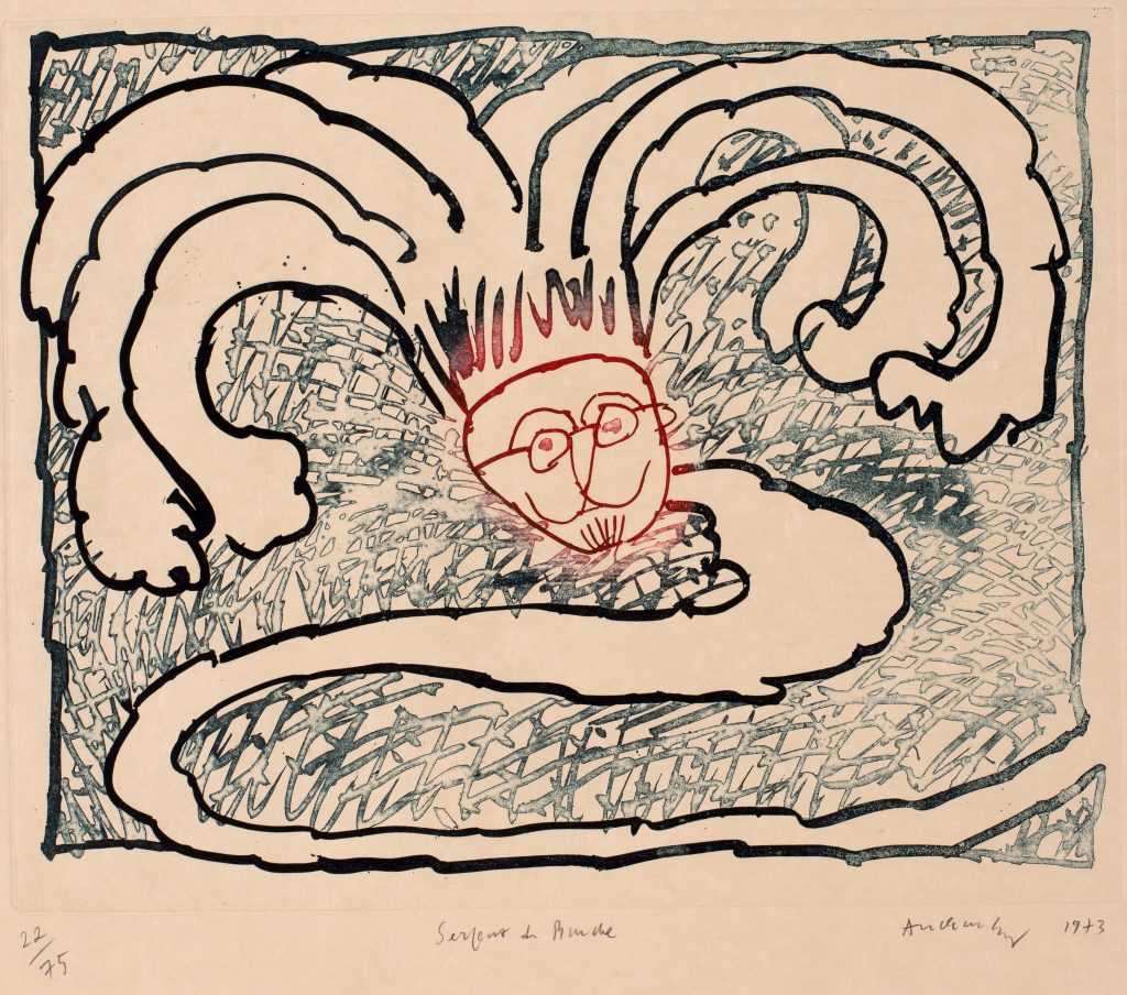 Keith Haring: Pierre Alechinsky, Serpent de Binche, 1973, Etching. NSU Art Museum Fort Lauderdale; Cobra Collection; gift of Golda and Meyer Marks. © 2022 Pierre Alechinsky / Artists Rights Society (ARS), New York / ADAGP, Paris; photograph by Angelika Rinnhofer.
