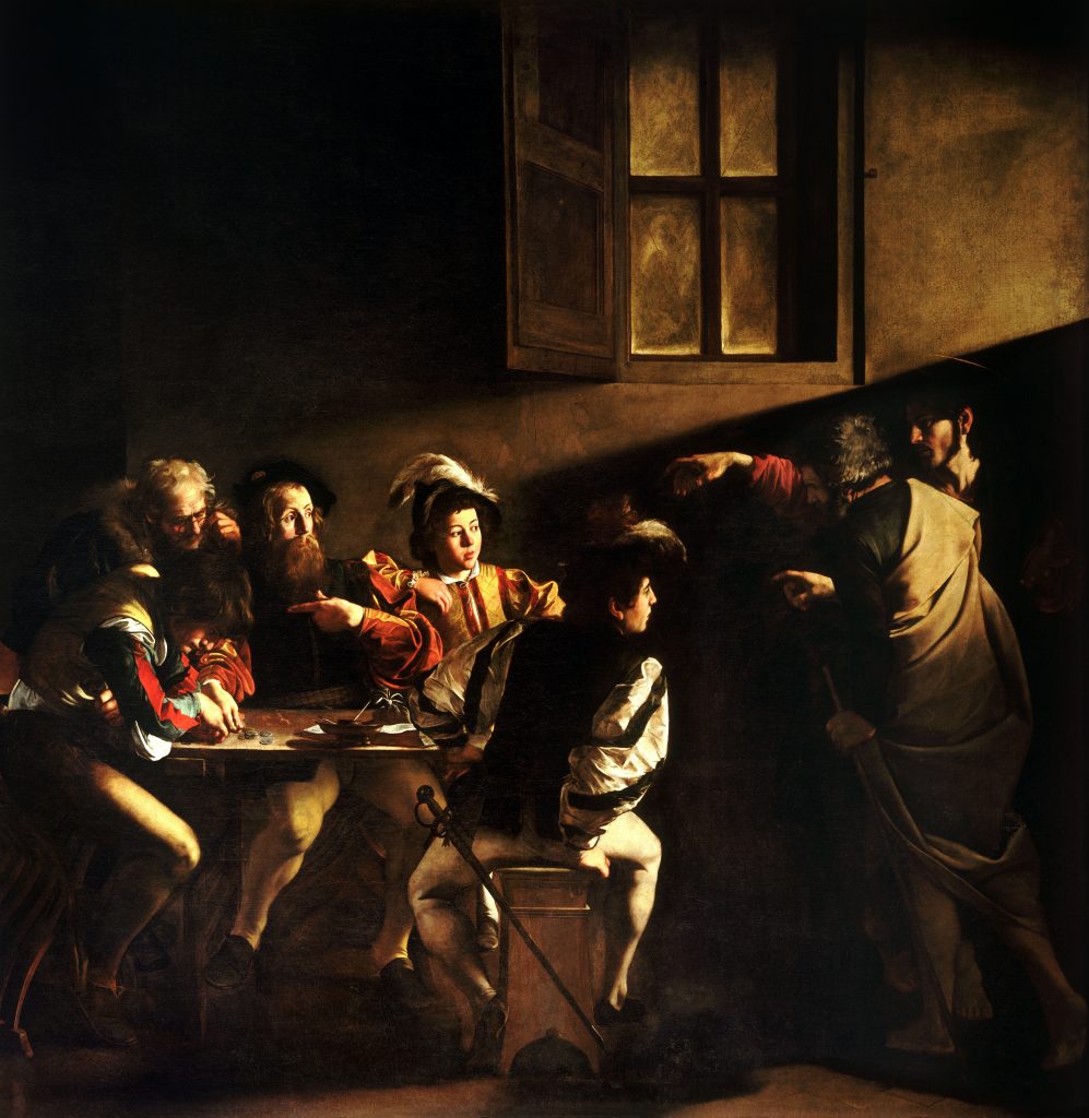 Tenebrism: Caravaggio, The Calling of St. Matthew, 1599-1600, San Luigi dei Francesi, Rome, Italy.
