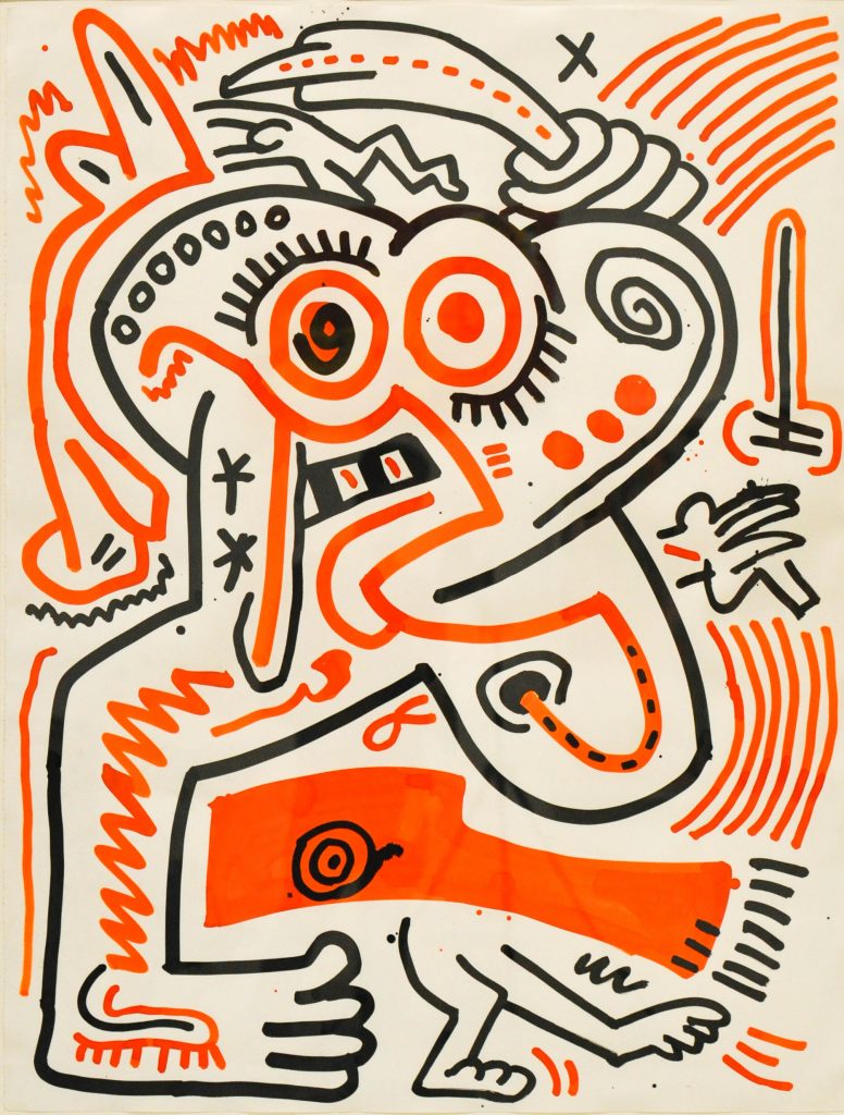 Keith Haring: Keith Haring, Untitled, January 15, 1984, Sumi ink on canvas; Courtesy of Rita Krauss and Phyllis Mack, Keith Haring artwork copyright © Keith Haring Foundation. 
