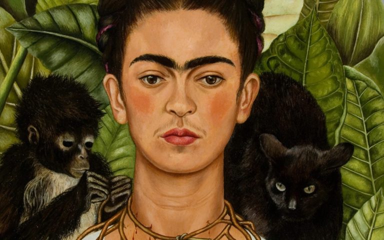 women and cats in art: Frida Kahlo, Self-Portrait with Thorn Necklace and Hummingbird, 1940, Henry Ransom Center, Austin, TX, USA. Detail.
