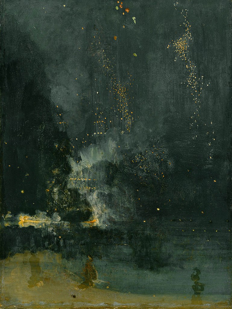 Whistler Ruskin: James McNeill Whistler, Nocturne in Black and Gold: The Falling Rocket, 1875, Detroit Institute of Arts, Detroit, MI, USA. Wikipedia Commons (public domain).
