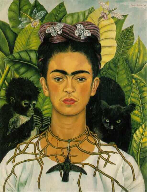 women and cats in art: Frida Kahlo, Self-Portrait with Thorn Necklace and Hummingbird, 1940, Henry Ransom Center, Austin, TX, USA.
