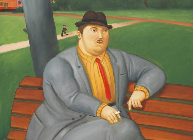 Facts Fernando Botero: Fernando Botero, Man on a bench, 2011, private collection. Cornette de Saint Cyr. Detail.
