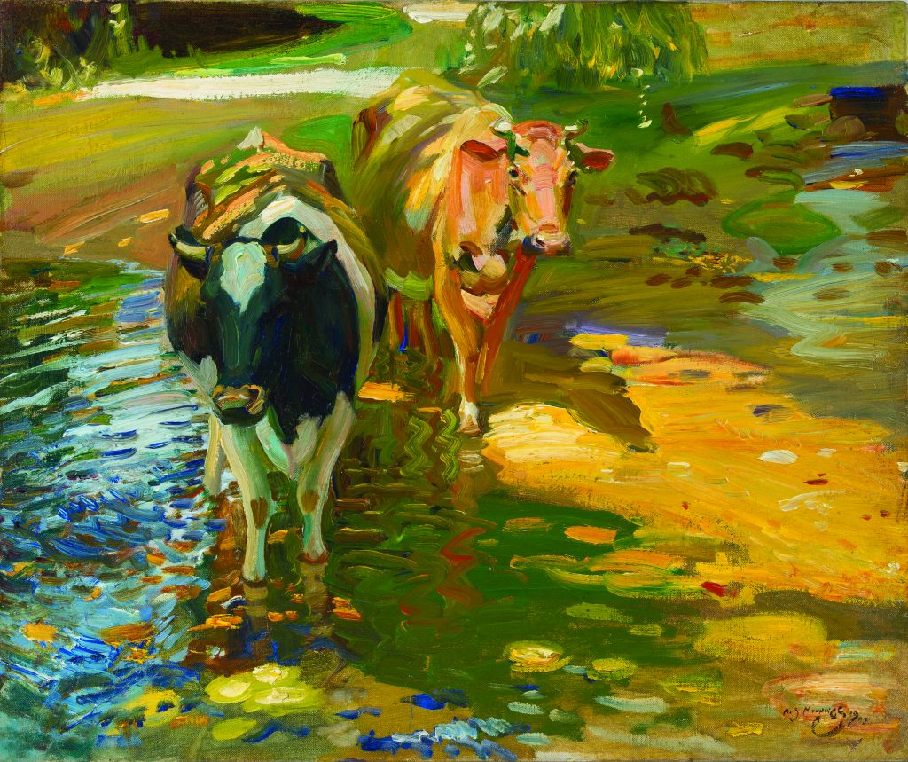 Impressionist landscape of a two cows next to a stream.