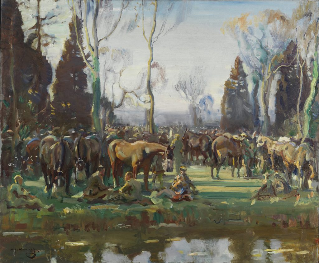 alfred munnings: Alfred Munnings, Halt on the March by a Stream at Nesle, 1918, Beaverbrook Collection of War Art, Canadian War Museum, Ottawa, Canada. © The Estate of Sir Alfred Munnings, Dedham, Essex, UK.
