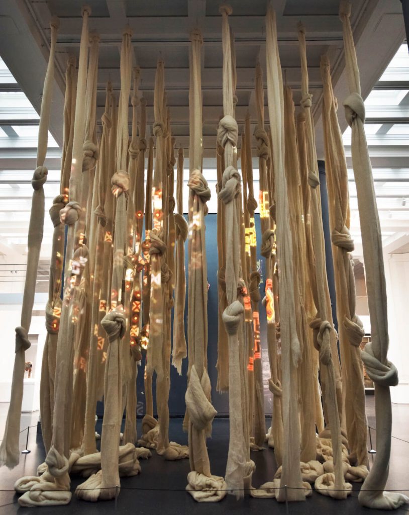 Installation view: Cecilia Vicuña, Quipu desaparecido, 2018, Brooklyn Museum, New York, NY, USA.