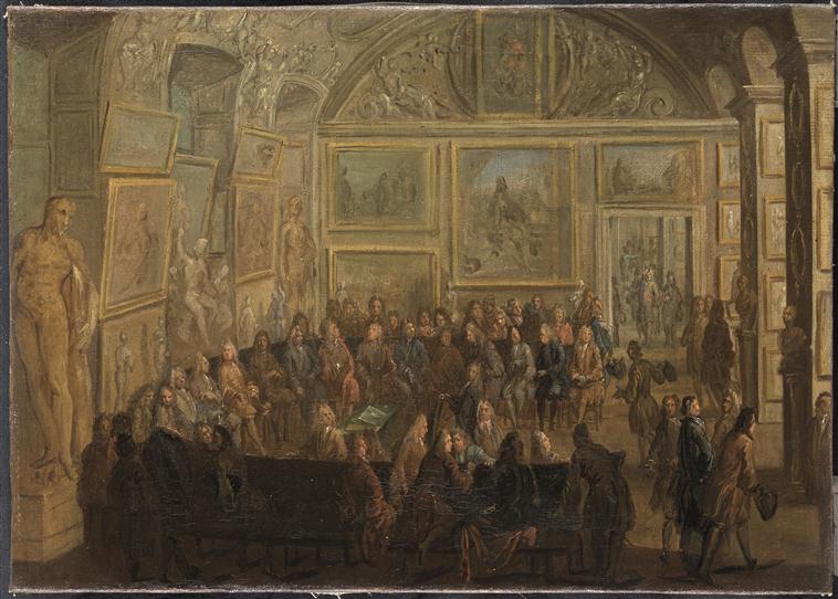 Paris Salon: Jean-Baptiste Martin, A meeting of the Académie Royale de Peinture et de Sculpture at the Louvre Palace, 1712-1721, Musée de Louvre, Paris, France.
