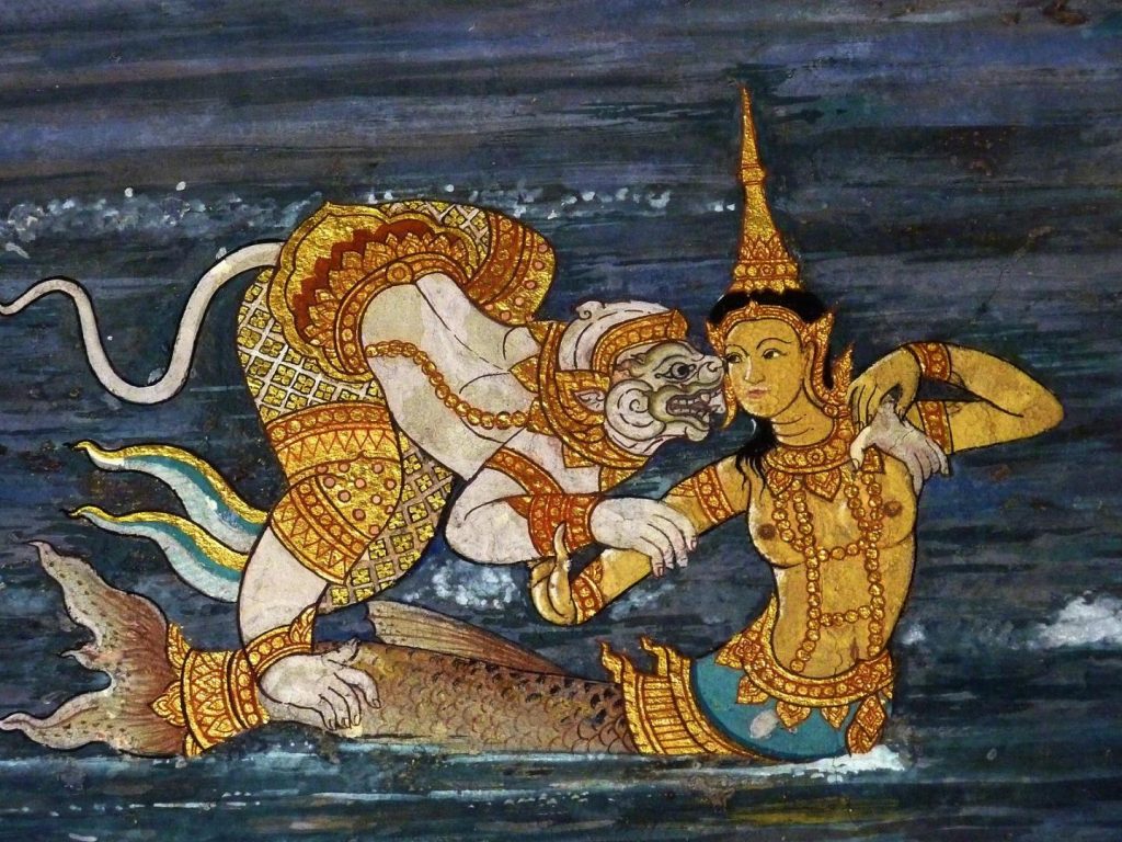 Mermaids in art: Ramakien Murals, 1783, Bangkok, Thailand. Photo by Photo Dharma via Wikimedia Commons (CC BY-SA 2.0).
